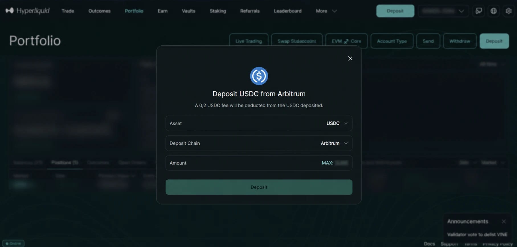 Окно депозита USDC из Arbitrum в официальном интерфейсе Hyperliquid