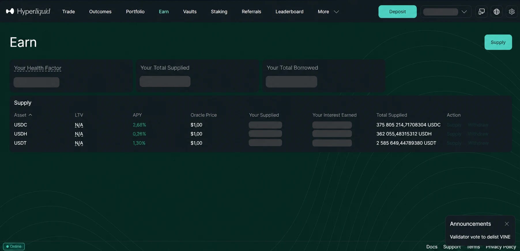 Раздел Earn Hyperliquid с доступными supply-рынками