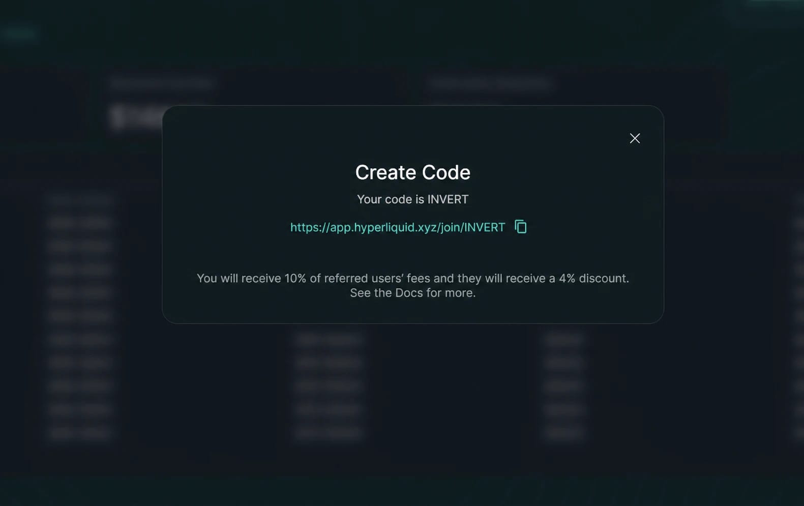 Окно Create Code в разделе Referrals Hyperliquid с кодом INVERT