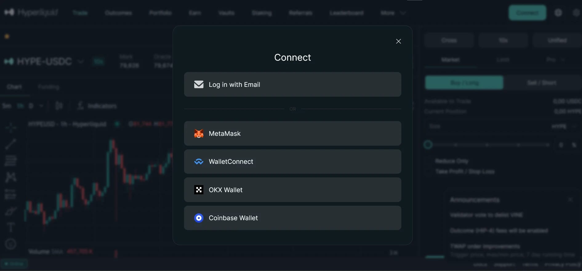 Окно подключения к Hyperliquid с вариантами email, MetaMask, WalletConnect, OKX Wallet и Coinbase Wallet