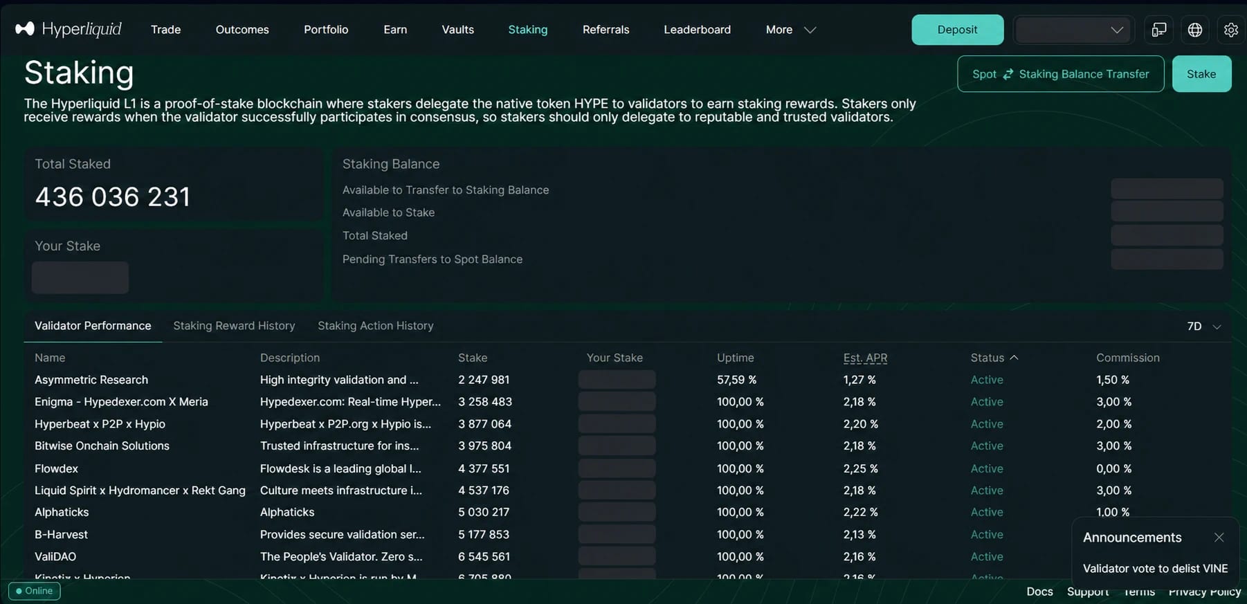 Раздел Staking Hyperliquid со staking balance и таблицей валидаторов