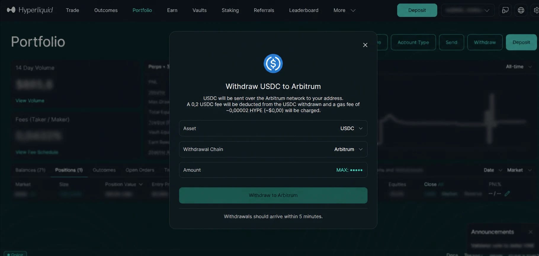 Окно вывода USDC из Hyperliquid в сеть Arbitrum
