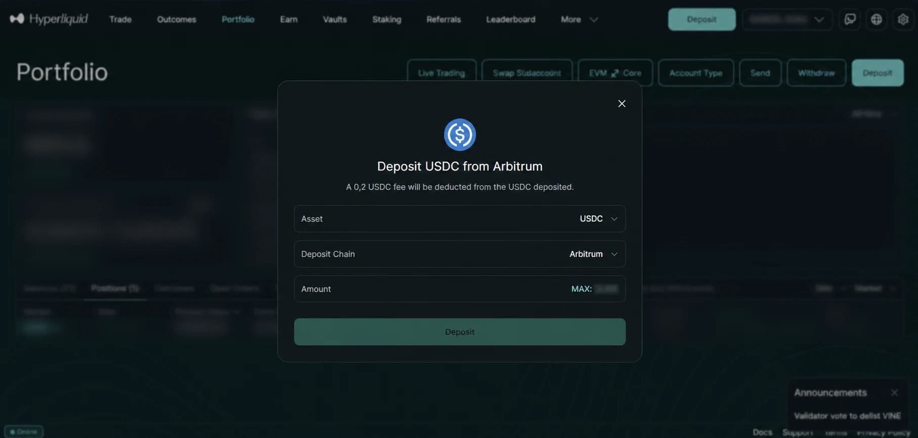Форма Deposit Hyperliquid для USDC в сети Arbitrum